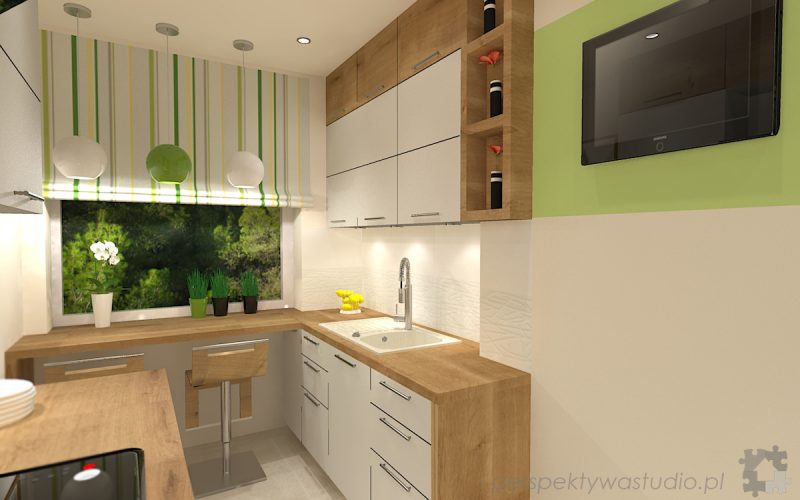 projekt kuchni projektowanie wnetrz lublin perspektywa studio kuchnia mala 7m2 z mijscem do jedzenia tv w kuchni Kwiat paproci 2