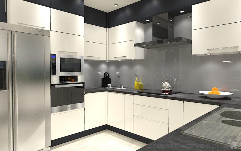 projekt kuchni projektowanie wnetrz lublin perspektywa studio kuchnia minimalistyczna nowoczesna fronty bez uchwytow W czarnej obwodce 1