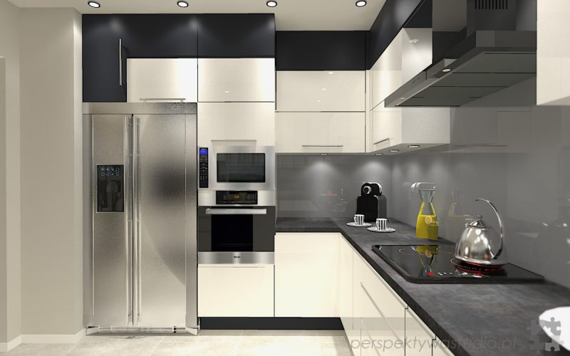 projekt kuchni projektowanie wnetrz lublin perspektywa studio kuchnia minimalistyczna nowoczesna fronty bez uchwytow W czarnej obwodce 2
