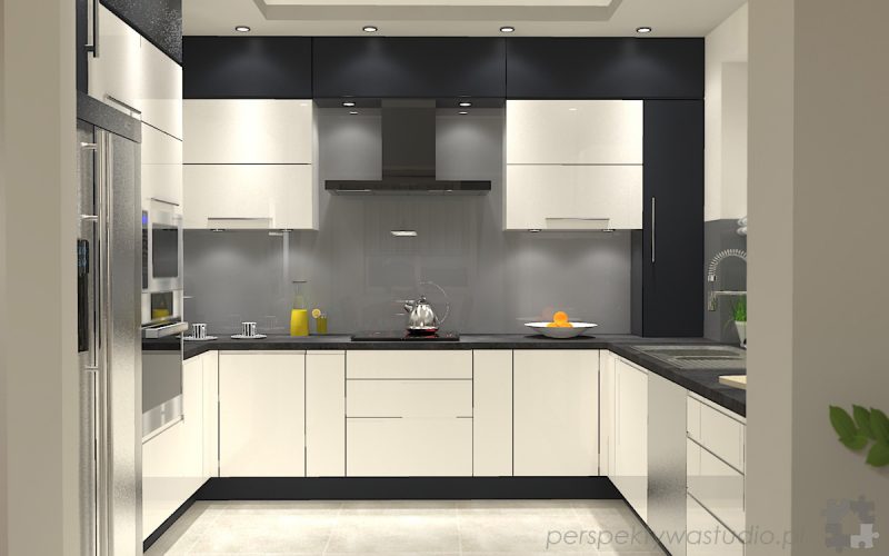 projekt kuchni projektowanie wnetrz lublin perspektywa studio kuchnia minimalistyczna nowoczesna fronty bez uchwytow W czarnej obwodce 5