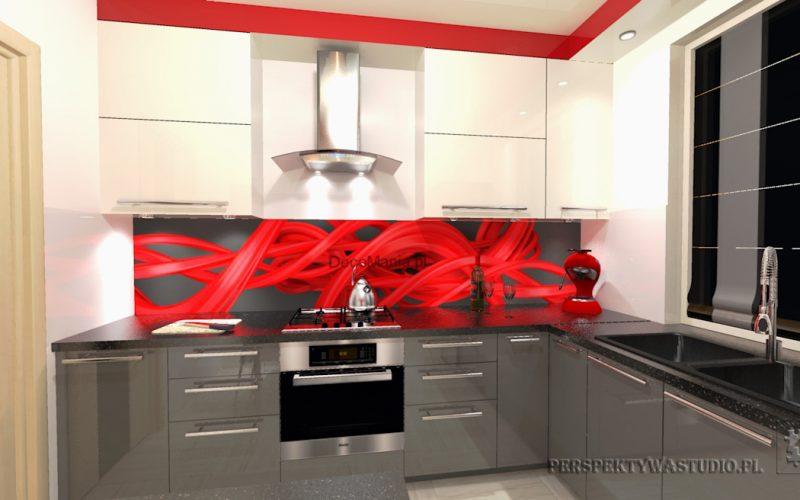 projekt kuchni projektowanie wnetrz lublin perspektywa studio kuchnia nowoczesna cerwone fronty lakierowane nadruk na szkle Czerwona wstega 1
