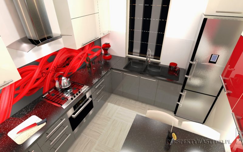 projekt kuchni projektowanie wnetrz lublin perspektywa studio kuchnia nowoczesna cerwone fronty lakierowane nadruk na szkle Czerwona wstega 3