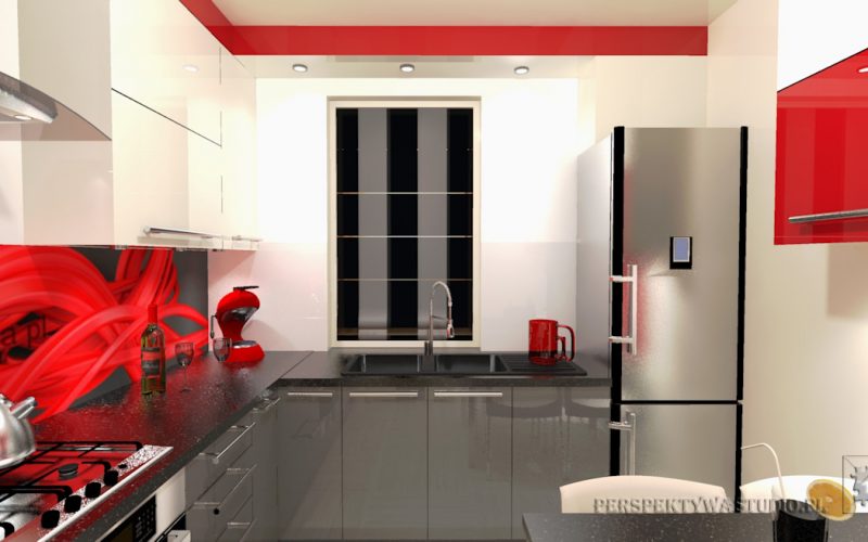 projekt kuchni projektowanie wnetrz lublin perspektywa studio kuchnia nowoczesna cerwone fronty lakierowane nadruk na szkle Czerwona wstega 4