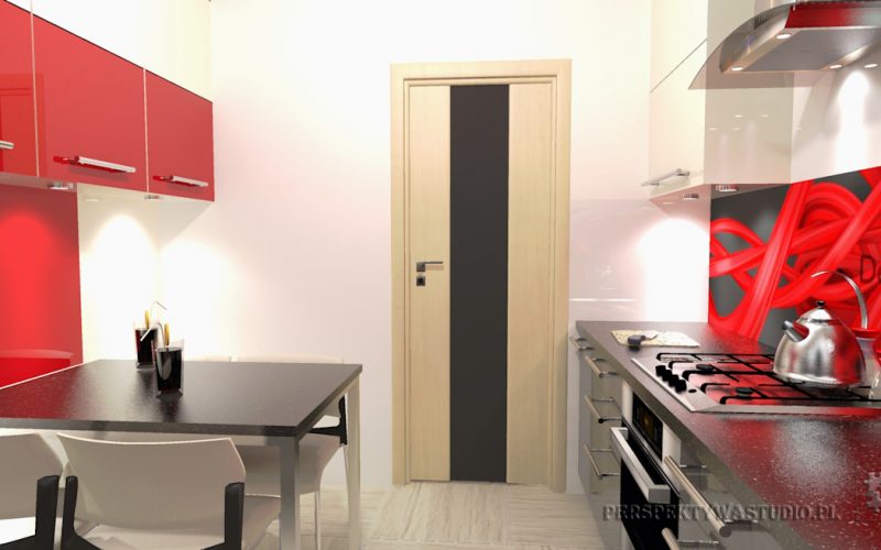 projekt kuchni projektowanie wnetrz lublin perspektywa studio kuchnia nowoczesna cerwone fronty lakierowane nadruk na szkle Czerwona wstega 5