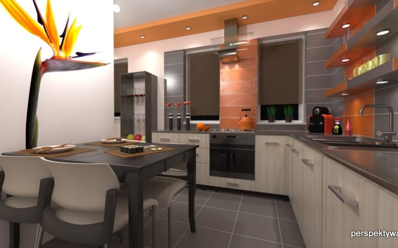 projekt kuchni projektowanie wnetrz lublin perspektywa studio kuchnia nowoczesna tatapeta pomaranczowo szara Strelicja 2