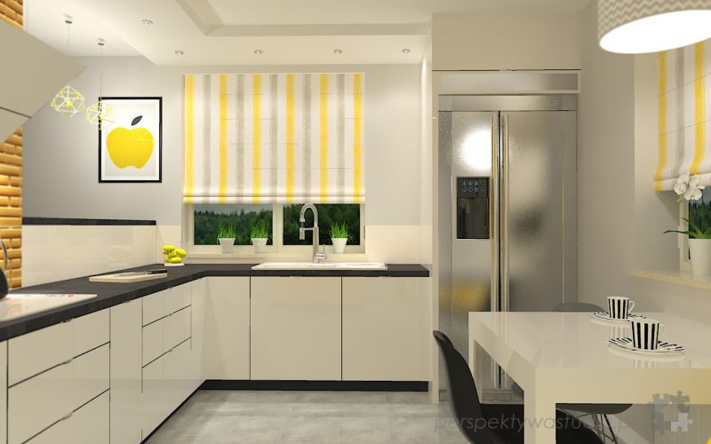 projekt kuchni projektowanie wnetrz lublin perspektywa studio kuchnia nowoczesna z zoltym fronty lakierowane polysk lodowka side by side Kosztela 1