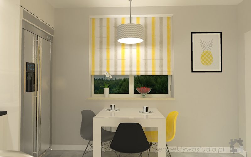 projekt kuchni projektowanie wnetrz lublin perspektywa studio kuchnia nowoczesna z zoltym fronty lakierowane polysk lodowka side by side Kosztela 2