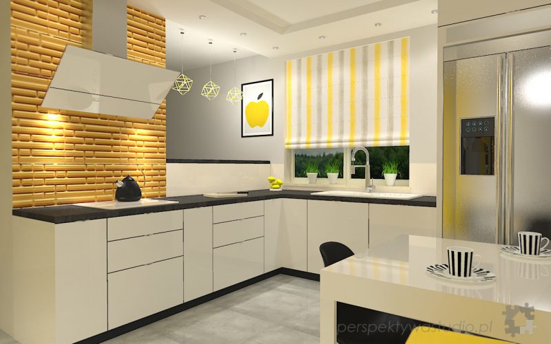 projekt kuchni projektowanie wnetrz lublin perspektywa studio kuchnia nowoczesna z zoltym fronty lakierowane polysk lodowka side by side Kosztela 3