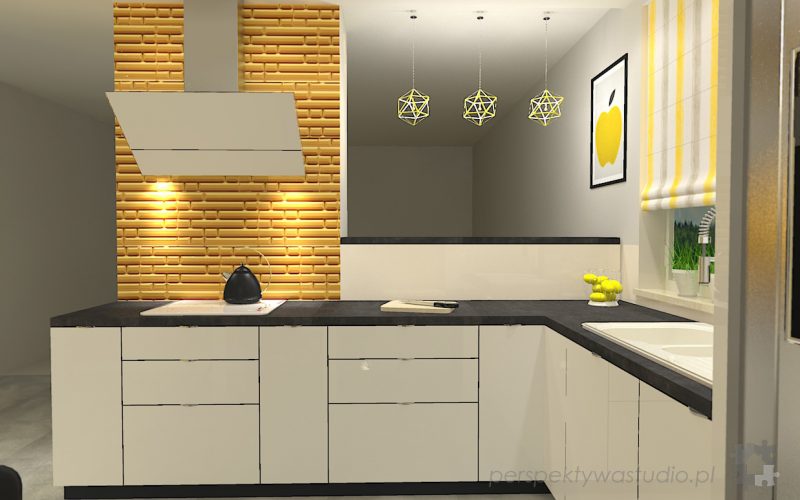 projekt kuchni projektowanie wnetrz lublin perspektywa studio kuchnia nowoczesna z zoltym fronty lakierowane polysk lodowka side by side Kosztela 4