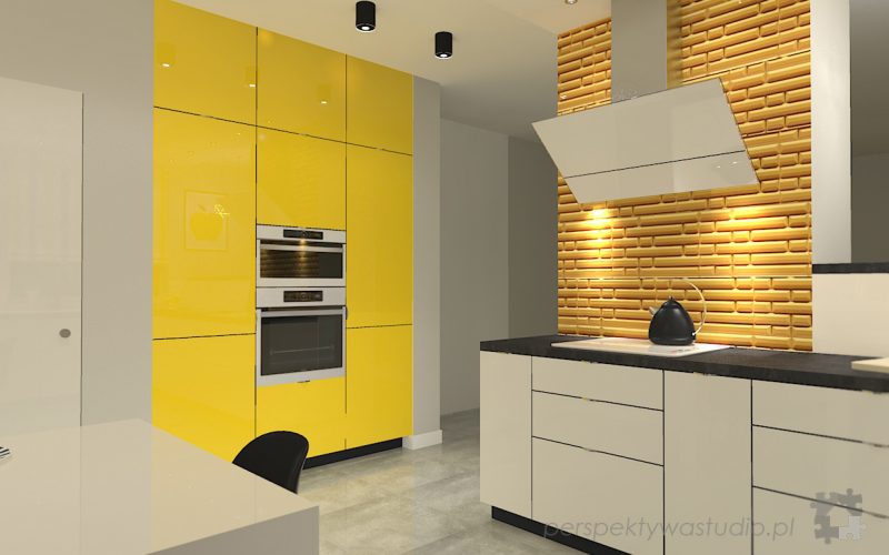 projekt kuchni projektowanie wnetrz lublin perspektywa studio kuchnia nowoczesna z zoltym fronty lakierowane polysk lodowka side by side Kosztela 5