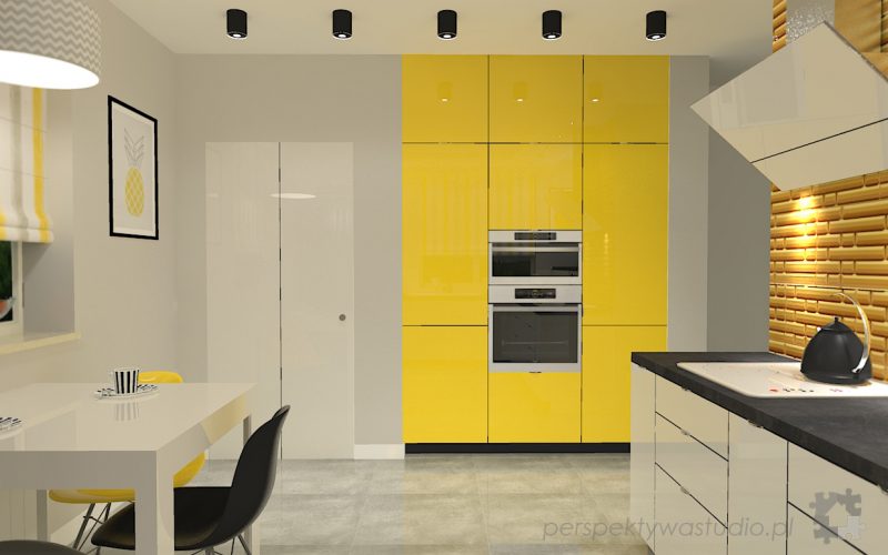 projekt kuchni projektowanie wnetrz lublin perspektywa studio kuchnia nowoczesna z zoltym fronty lakierowane polysk lodowka side by side Kosztela 6