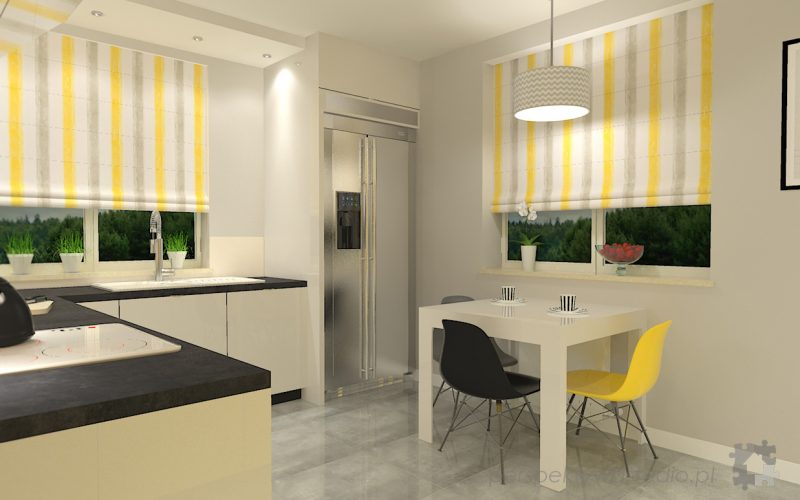 projekt kuchni projektowanie wnetrz lublin perspektywa studio kuchnia nowoczesna z zoltym fronty lakierowane polysk lodowka side by side Kosztela 7