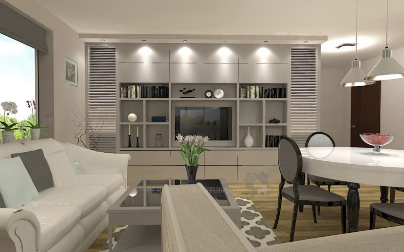 projekt kuchni salonu projektowanie wnetrz lublin perspektywa studio kuchnia klasyczna angielska lodowka side by side salon mebloscianka jadalnia Sielsko angielsko 2