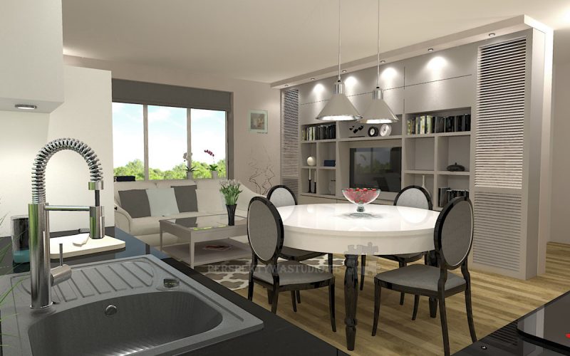 projekt kuchni salonu projektowanie wnetrz lublin perspektywa studio kuchnia klasyczna angielska lodowka side by side salon mebloscianka jadalnia Sielsko angielsko 4