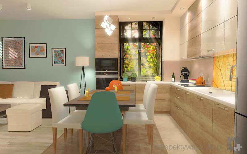 projekt kuchni salonu projektowanie wnetrz lublin perspektywa studio kuchnia styl nowoczesny kolor pomaranczowy fototapeta z oknem fronty lakierowne i drewno w kuchni Wojna klonow 1