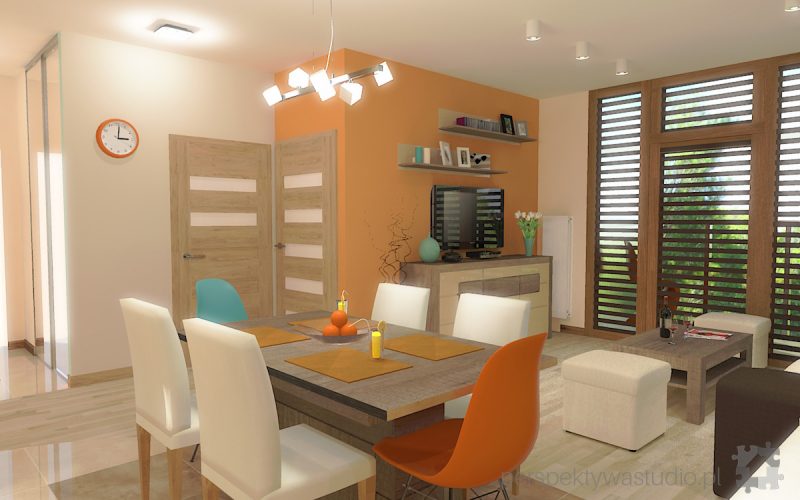 projekt kuchni salonu projektowanie wnetrz lublin perspektywa studio kuchnia styl nowoczesny kolor pomaranczowy fototapeta z oknem fronty lakierowne i drewno w kuchni Wojna klonow 2