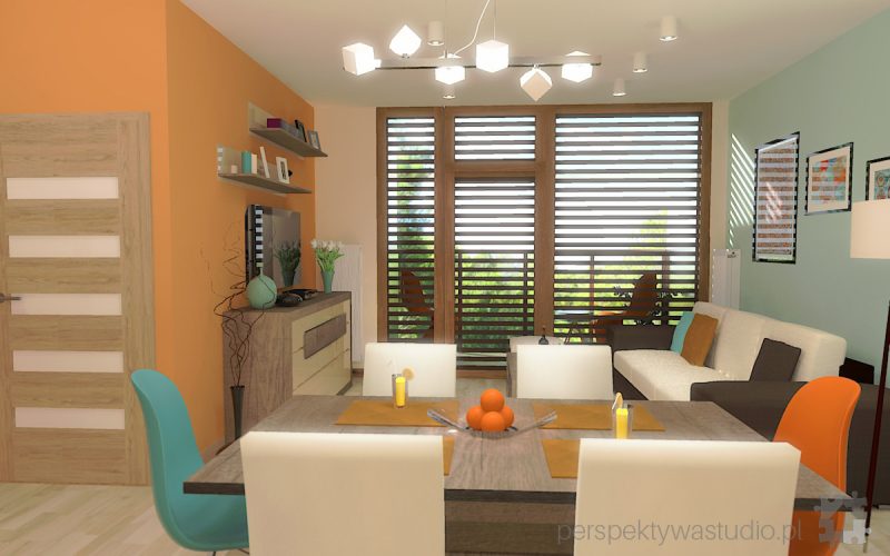 projekt kuchni salonu projektowanie wnetrz lublin perspektywa studio kuchnia styl nowoczesny kolor pomaranczowy fototapeta z oknem fronty lakierowne i drewno w kuchni Wojna klonow 3