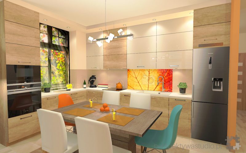 projekt kuchni salonu projektowanie wnetrz lublin perspektywa studio kuchnia styl nowoczesny kolor pomaranczowy fototapeta z oknem fronty lakierowne i drewno w kuchni Wojna klonow 4