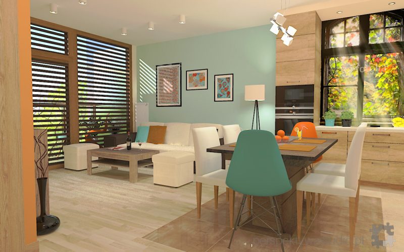 projekt kuchni salonu projektowanie wnetrz lublin perspektywa studio kuchnia styl nowoczesny kolor pomaranczowy fototapeta z oknem fronty lakierowne i drewno w kuchni Wojna klonow 5