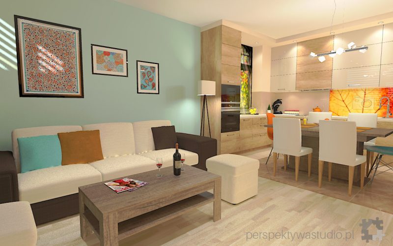 projekt kuchni salonu projektowanie wnetrz lublin perspektywa studio kuchnia styl nowoczesny kolor pomaranczowy fototapeta z oknem fronty lakierowne i drewno w kuchni Wojna klonow 6