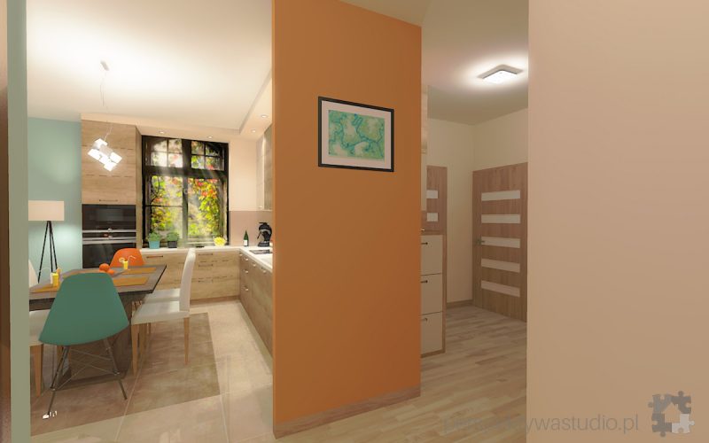 projekt kuchni salonu projektowanie wnetrz lublin perspektywa studio kuchnia styl nowoczesny kolor pomaranczowy fototapeta z oknem fronty lakierowne i drewno w kuchni Wojna klonow 8