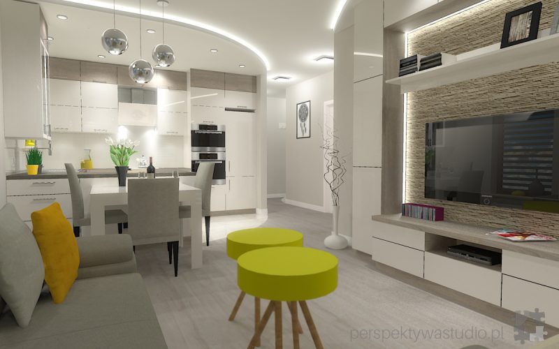 projekt kuchni salonu projektowanie wnetrz lublin perspektywa studio kuchnia z salonem styl skandynawski jasne kolory podswietlenie led Luna scandi 1