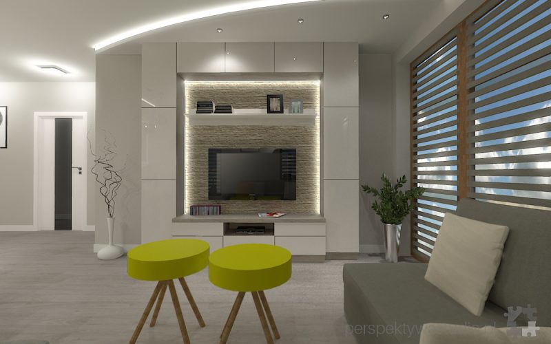 projekt kuchni salonu projektowanie wnetrz lublin perspektywa studio kuchnia z salonem styl skandynawski jasne kolory podswietlenie led Luna scandi 2