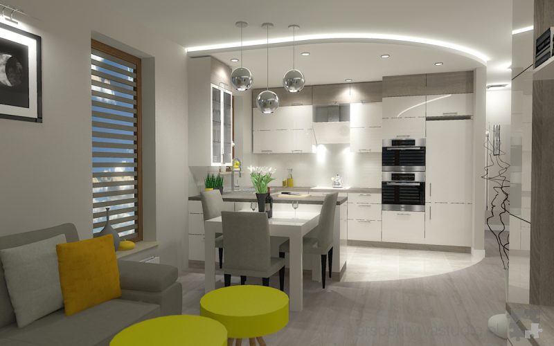 projekt kuchni salonu projektowanie wnetrz lublin perspektywa studio kuchnia z salonem styl skandynawski jasne kolory podswietlenie led Luna scandi 3