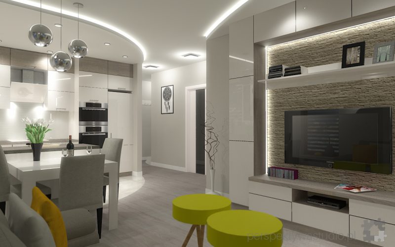 projekt kuchni salonu projektowanie wnetrz lublin perspektywa studio kuchnia z salonem styl skandynawski jasne kolory podswietlenie led Luna scandi 4