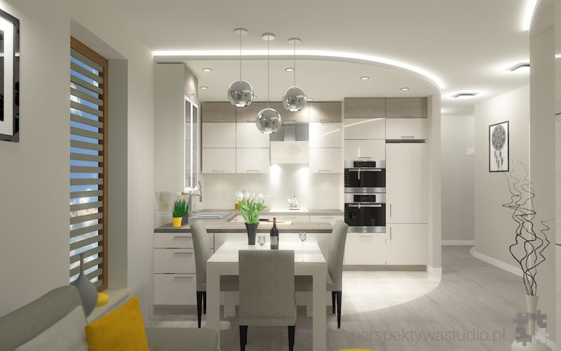 projekt kuchni salonu projektowanie wnetrz lublin perspektywa studio kuchnia z salonem styl skandynawski jasne kolory podswietlenie led Luna scandi 5