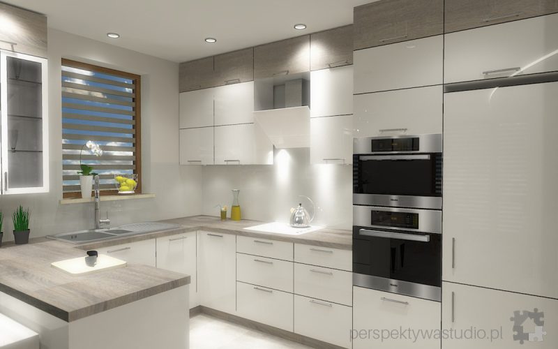 projekt kuchni salonu projektowanie wnetrz lublin perspektywa studio kuchnia z salonem styl skandynawski jasne kolory podswietlenie led Luna scandi 6