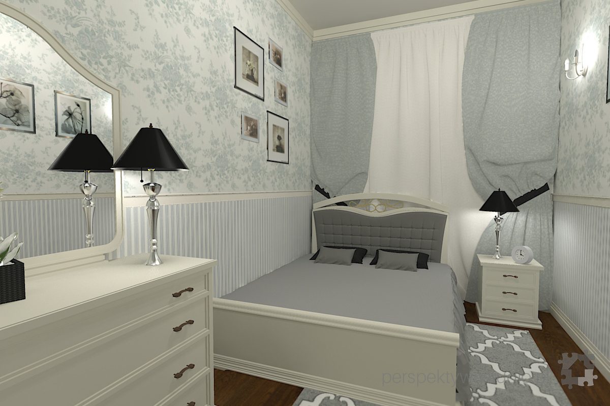 projekt sypialni projektowanie wnetrz lublin perspektywa studio sypialnia klasyczna meble biale szare tapety tkaniny w sypialni Bieg krolowej Wiktorii 30