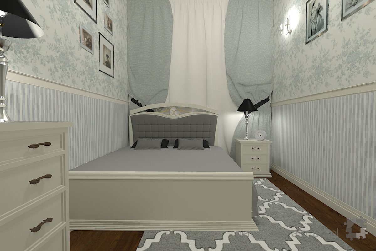 projekt sypialni projektowanie wnetrz lublin perspektywa studio sypialnia klasyczna meble biale szare tapety tkaniny w sypialni Bieg krolowej Wiktorii 31