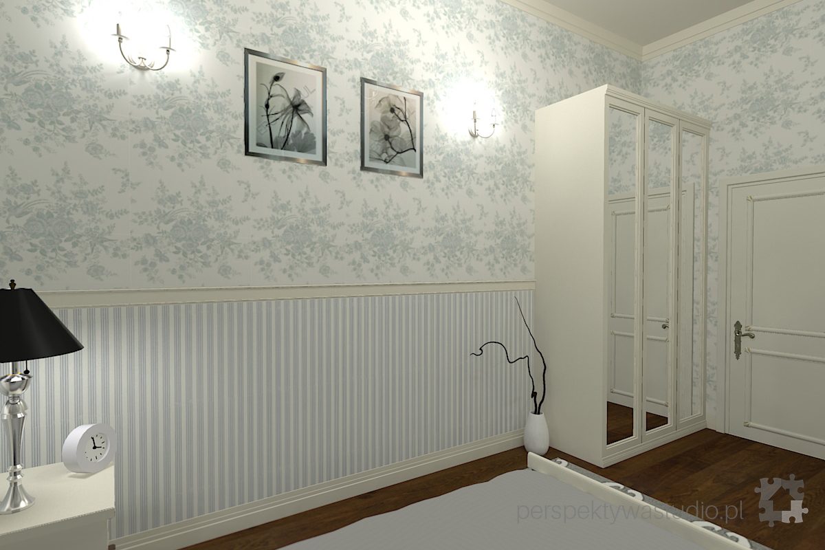 projekt sypialni projektowanie wnetrz lublin perspektywa studio sypialnia klasyczna meble biale szare tapety tkaniny w sypialni Bieg krolowej Wiktorii 32