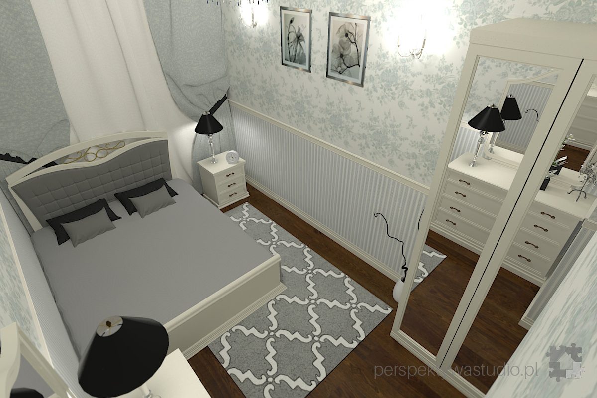 projekt sypialni projektowanie wnetrz lublin perspektywa studio sypialnia klasyczna meble biale szare tapety tkaniny w sypialni Bieg krolowej Wiktorii 33