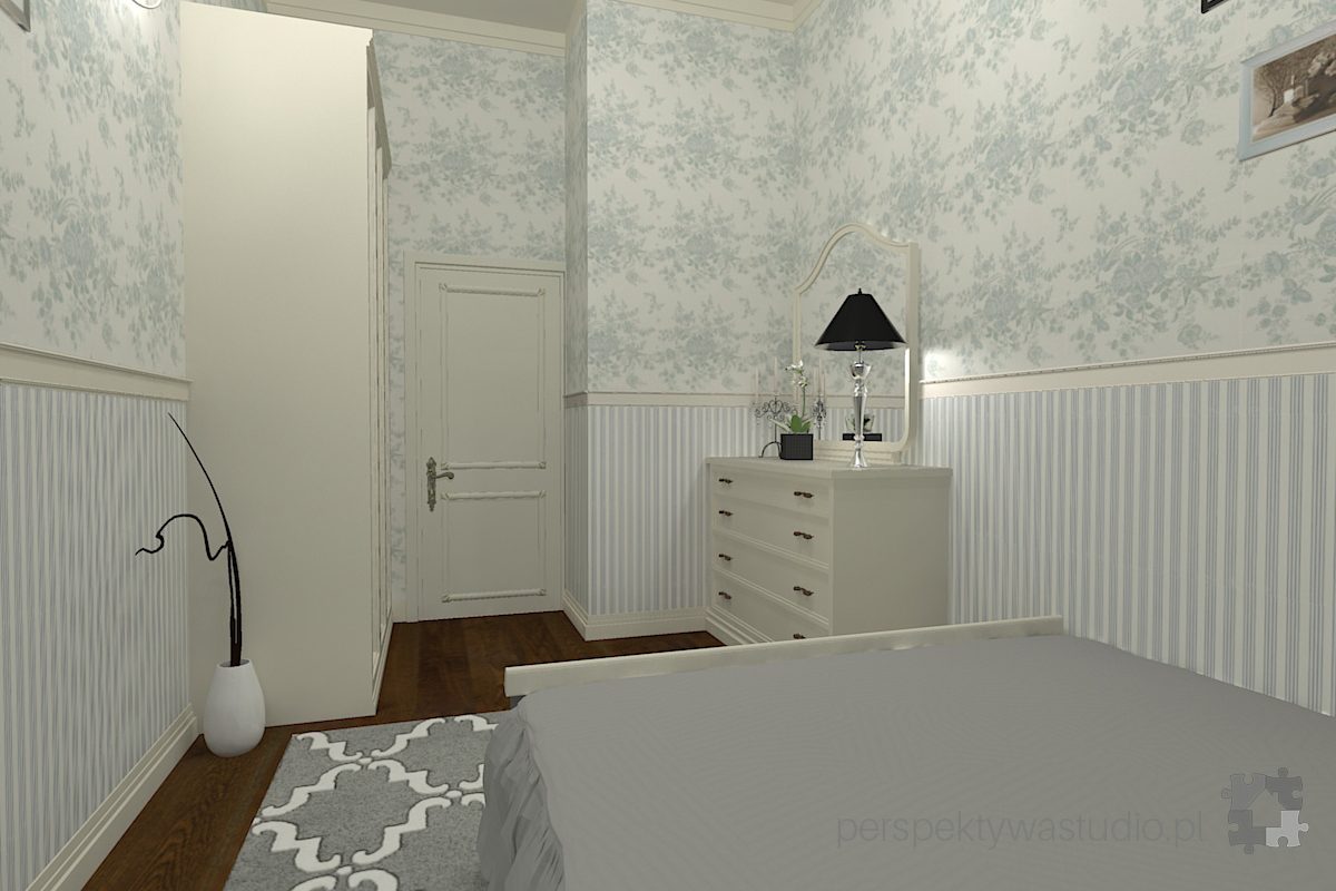 projekt sypialni projektowanie wnetrz lublin perspektywa studio sypialnia klasyczna meble biale szare tapety tkaniny w sypialni Bieg krolowej Wiktorii 34