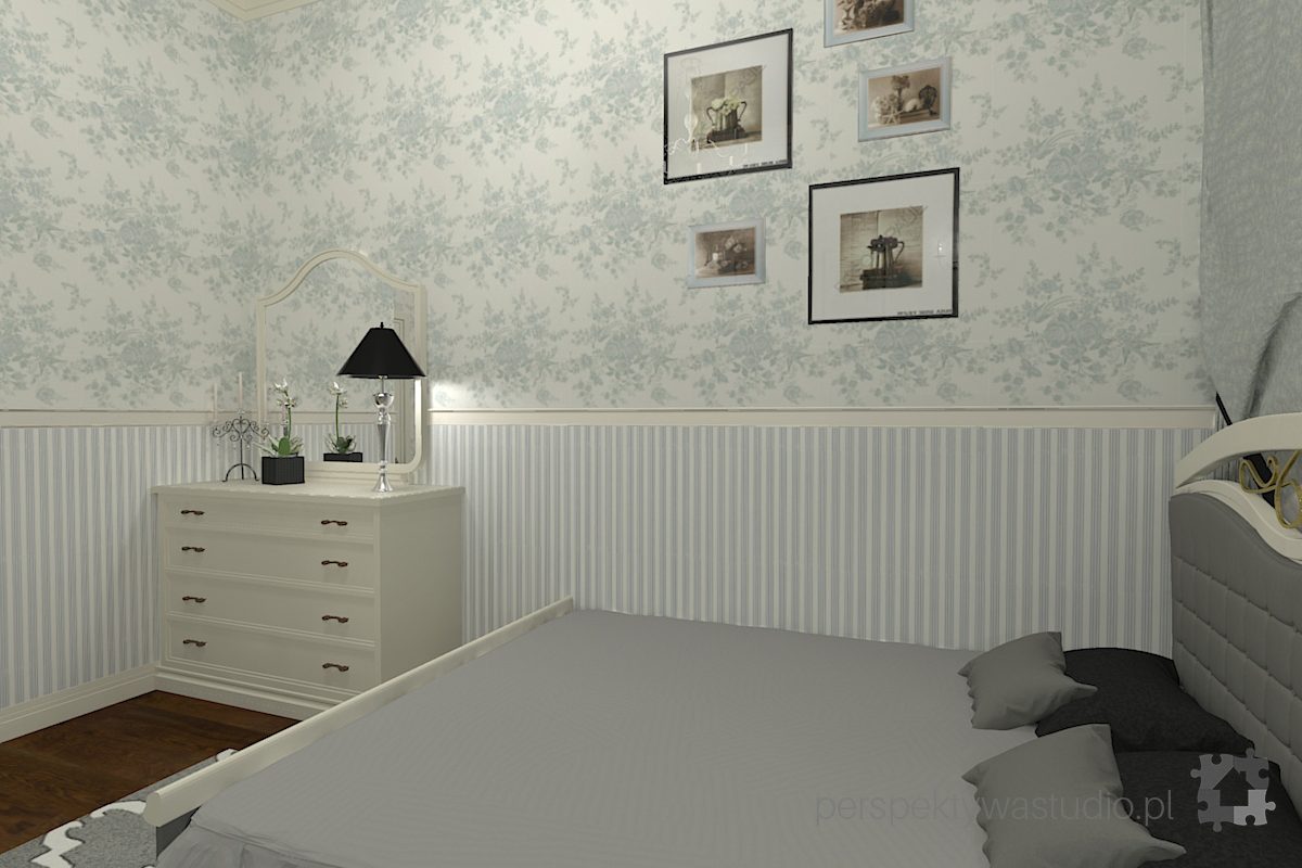 projekt sypialni projektowanie wnetrz lublin perspektywa studio sypialnia klasyczna meble biale szare tapety tkaniny w sypialni Bieg krolowej Wiktorii 35