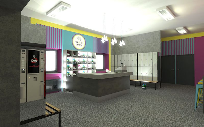 projektant wnętrz Lublin wnętrza komercyjne Wrotkomania skate park Fuksja 1