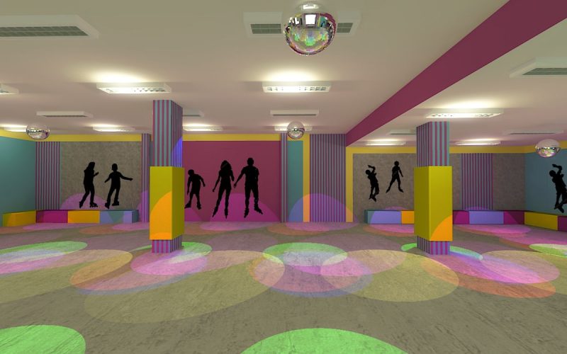 projektant wnętrz Lublin wnętrza komercyjne Wrotkomania skate park Fuksja 11