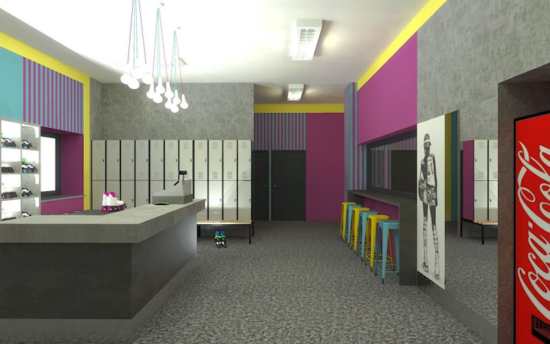 projektant wnętrz Lublin wnętrza komercyjne Wrotkomania skate park Fuksja 2