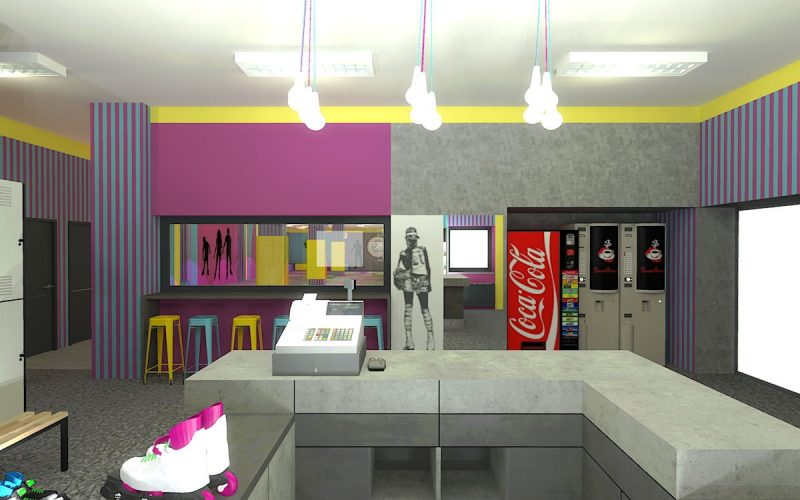 projektant wnętrz Lublin wnętrza komercyjne Wrotkomania skate park Fuksja 3