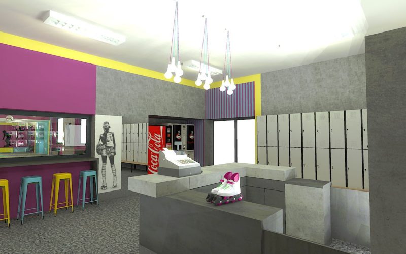 projektant wnętrz Lublin wnętrza komercyjne Wrotkomania skate park Fuksja 5