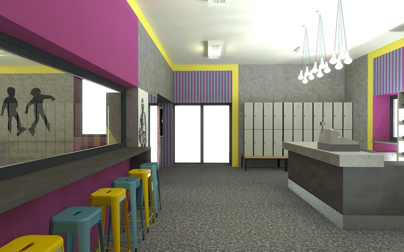 projektant wnętrz Lublin wnętrza komercyjne Wrotkomania skate park Fuksja 6