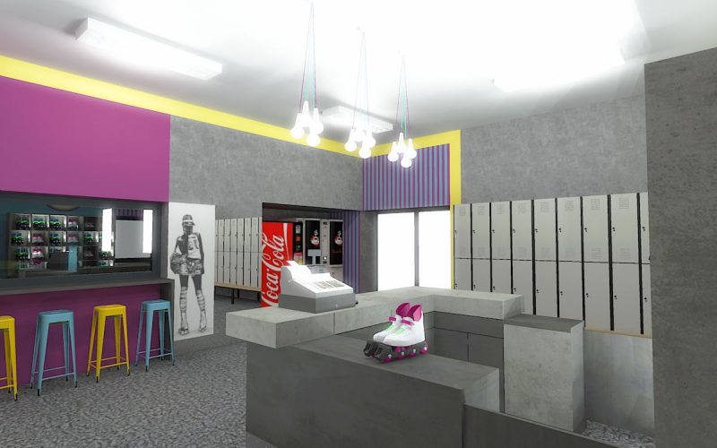 projektant wnętrz Lublin wnętrza komercyjne Wrotkomania skate park Fuksja 7