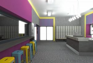 projektant wnętrz Lublin wnętrza komercyjne Wrotkomania skate park Fuksja 8