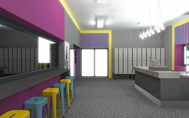 projektant wnętrz Lublin wnętrza komercyjne Wrotkomania skate park Fuksja 8
