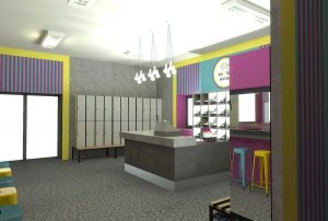 projektant wnętrz Lublin wnętrza komercyjne Wrotkomania skate park Fuksja 9