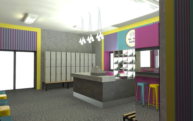 projektant wnętrz Lublin wnętrza komercyjne Wrotkomania skate park Fuksja 9