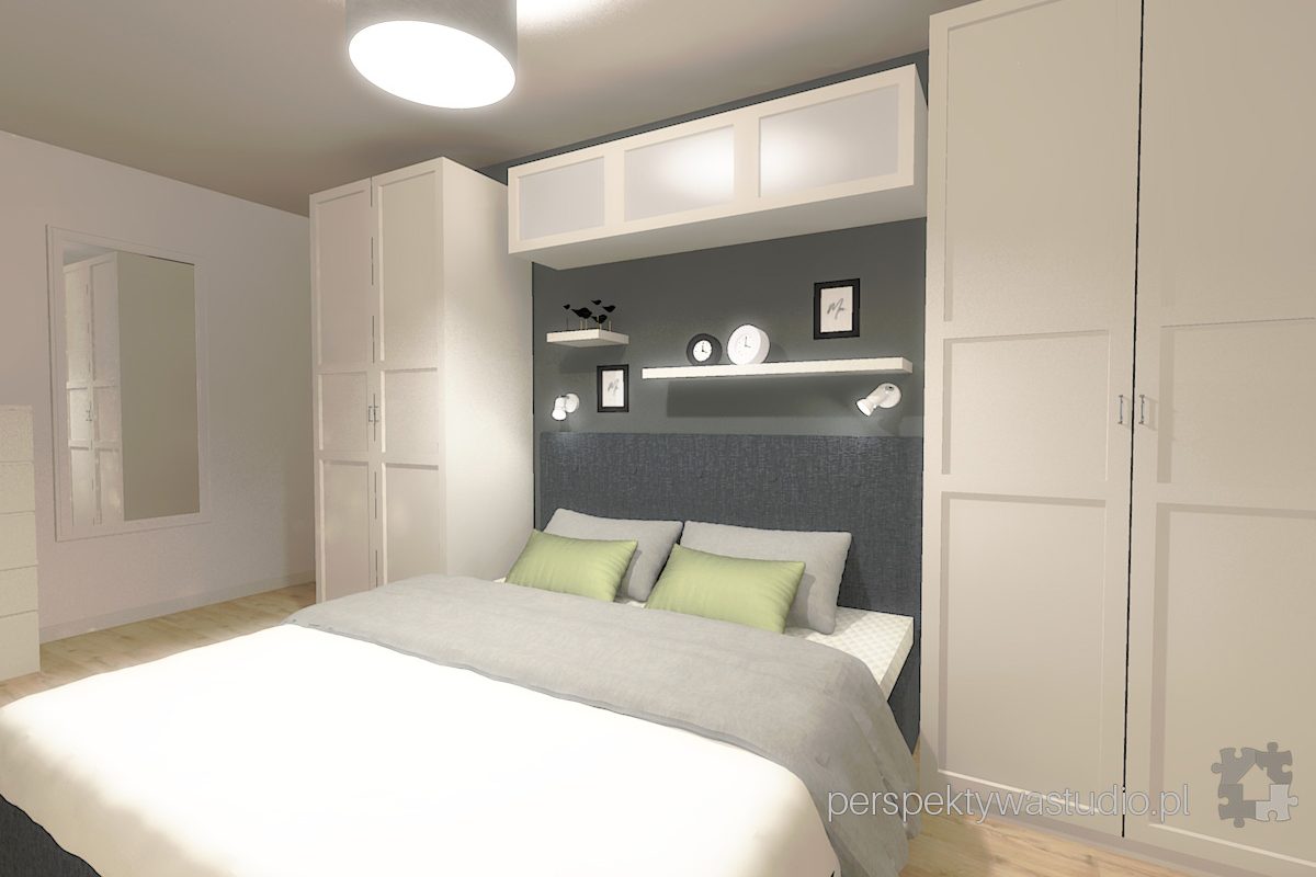 projektowanie wnętrz lublin projekt sypialni lublin łóżko w zabudowie szarość fototapeta brzoza 1