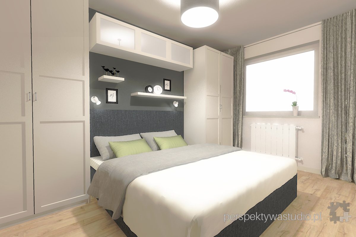 projektowanie wnętrz lublin projekt sypialni lublin łóżko w zabudowie szarość fototapeta brzoza 3